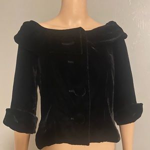 Mandarin Blue black velvet cropped retro formal jacket 6